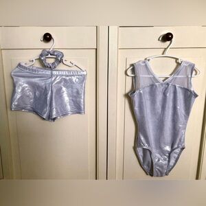 Gymnastics leotard (size 8-10) + shorts (size 10-12) + scrunchie set.